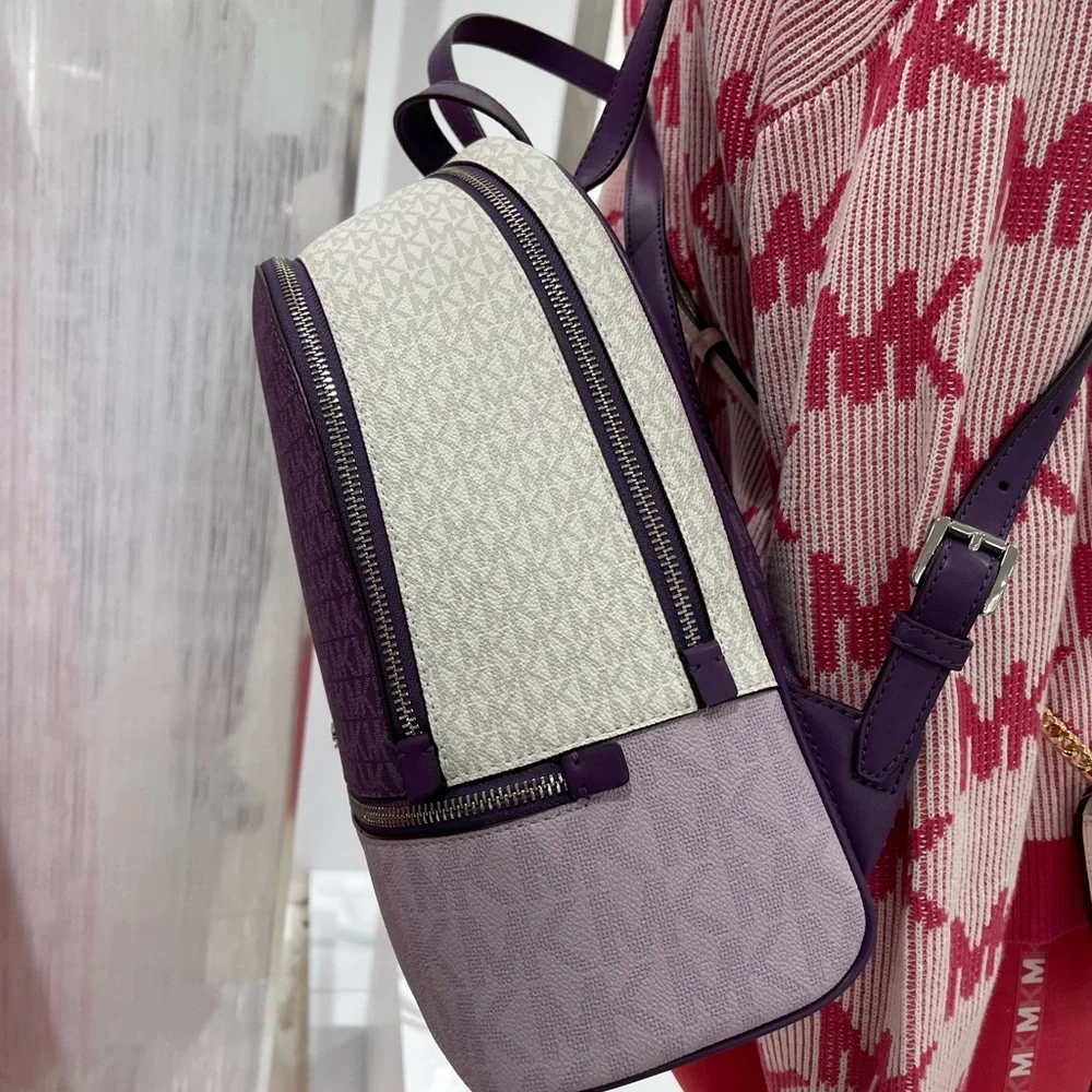 MICHAEL KORS Rhea Medium Zip Color-Block Signature Logo Backpack Dark Purple MLT